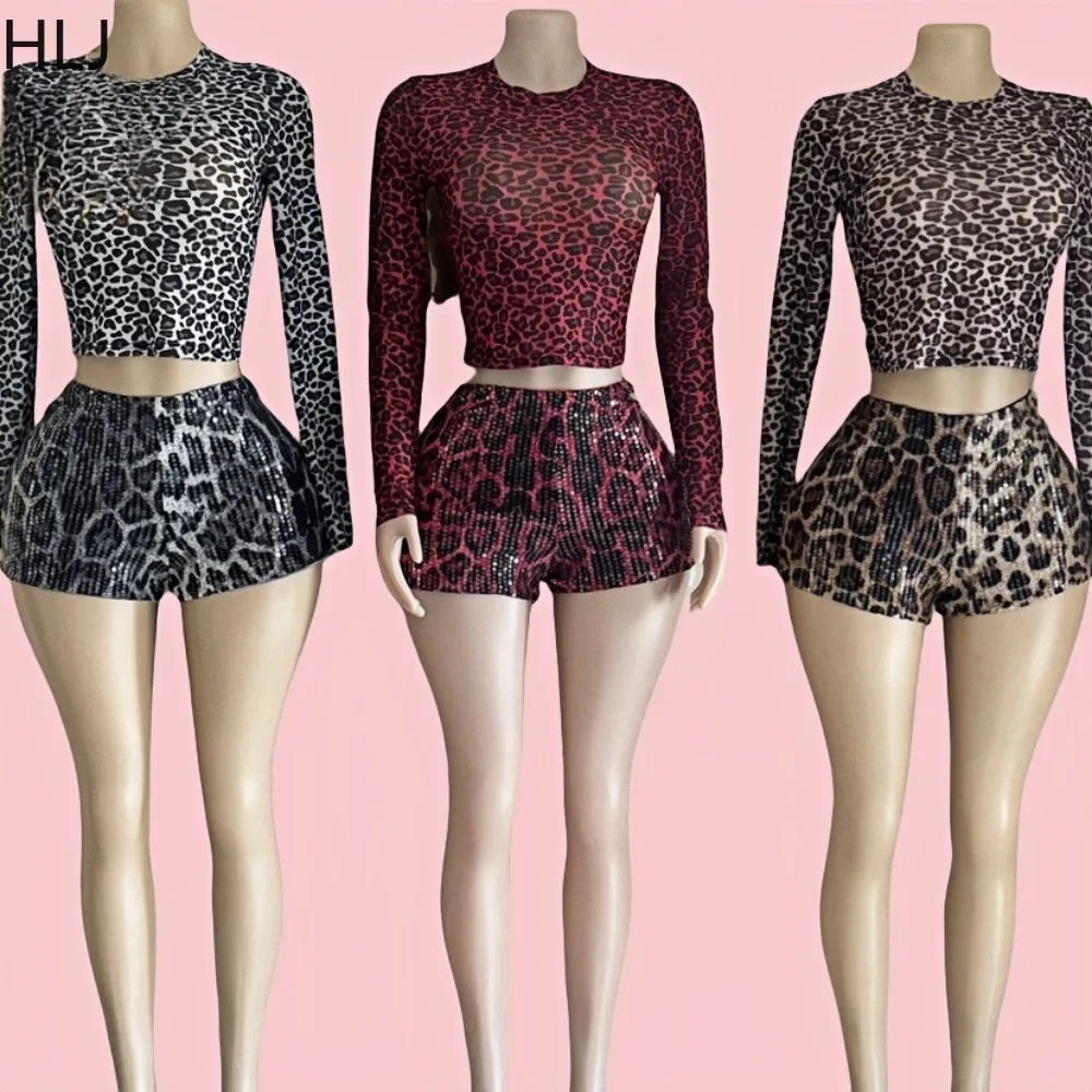 

HLJ&GG Fashion Y2K Mesh See Though Leopard Two Piece Sets Women Round Neck Long Sleeve Crop Top And Sequin Shorts Outfits 2025