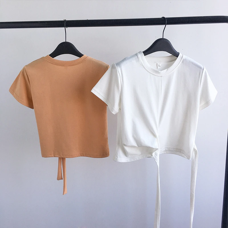 2024  Summer Fashion Y2K T-shirt Woman Korean Bandage Sexy Crop Top Women Short Sleeve Skinny  Kpop Tee Shirt Femme Solid Cloth