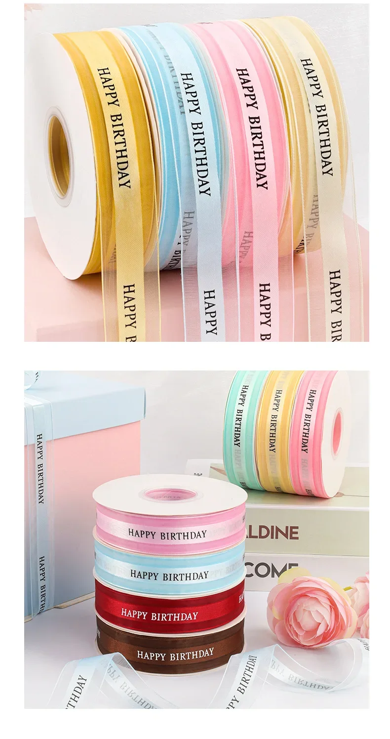 DHK 2.5cm 50yards Happy Birthday Sheer Organza Ribbon Cake Box Packaging Flowers Decorative Bow DIY Decoration Wedding S2240