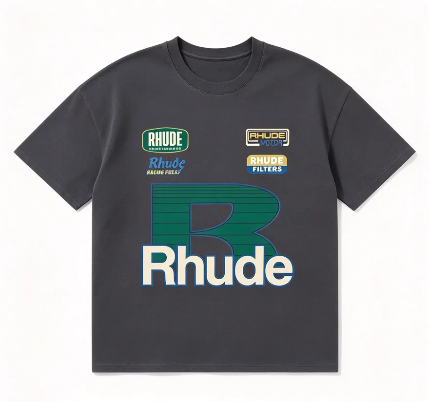 Rhude Racing Big B Logo T-Shirt 2026 New Unisex Cotton Fabric Tee Multi Racing Patches Graphic Print Streetwear Short Sleeve