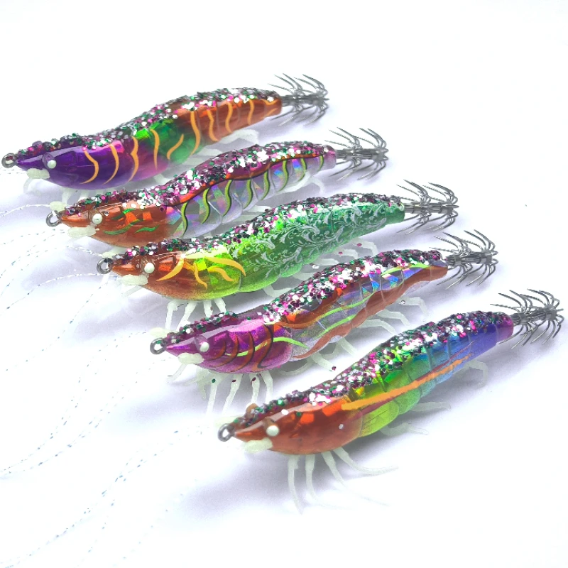 Shrimp Egi UV Glow Squid Bait Holographic Glitter Segmented Lure With Soft Silicone Shrimp Feet Squid Octopus Night Fishing Bait