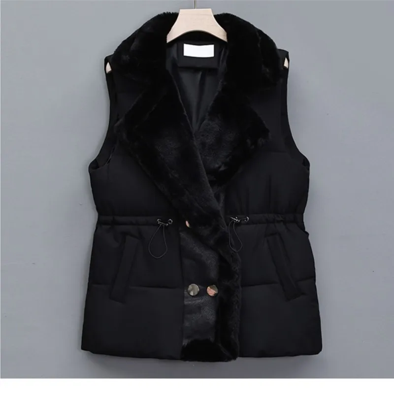 Women's Lapel Plush Lining Drawstring Waisted Sleeveless Vest Coat Autumn Winter Casual Fashion Pocket Double-Breasted Jackets