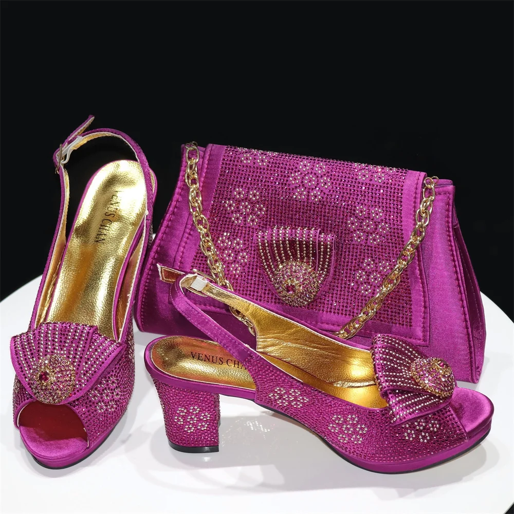 Magenta Women Shoes And Bag Set African Ladies High Heels Sandals Match With Handbag Luxury Nigerian Pumps Femmes Sandales CR769