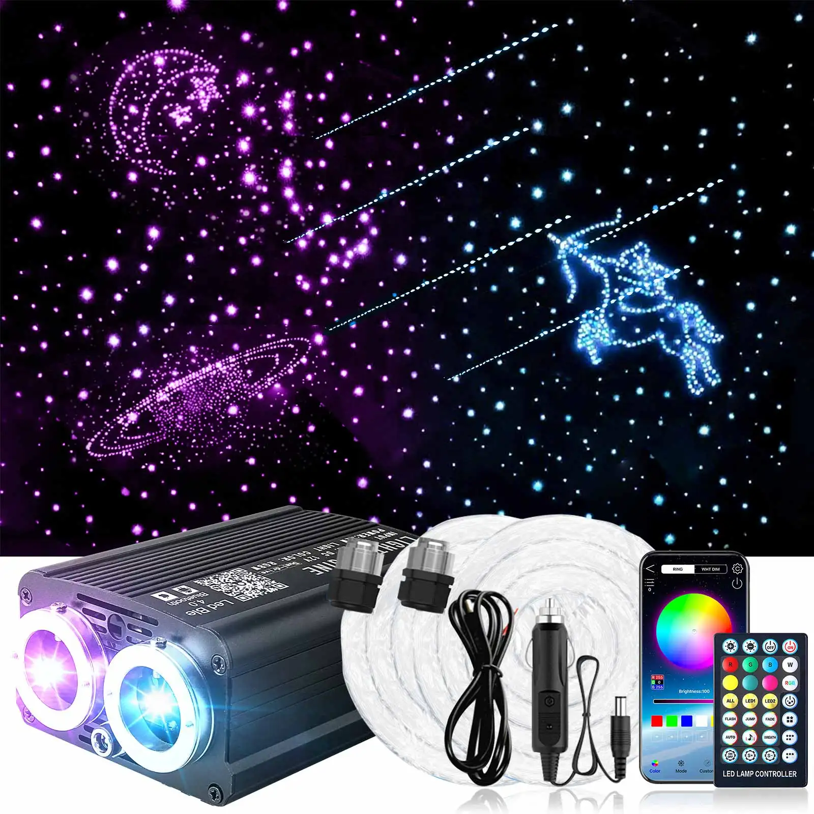 DE Lager 32W Dual-Head Zweifarbige RGB Glasfaser Sternenhimmel-Lichtmaschine, Meteor-Sternenlicht mit Stroboskop und Musik-Sync, APP-Steuerung, Ambientebeleuchtung für Auto, CE RoHS zertifiziert, für