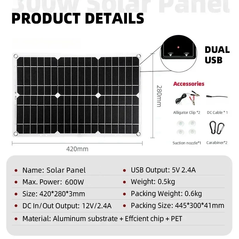 Solar panel 600W portable outdoor energy storage solar system kit 6000W inverter 100Acontroller 110v/220V household solar system