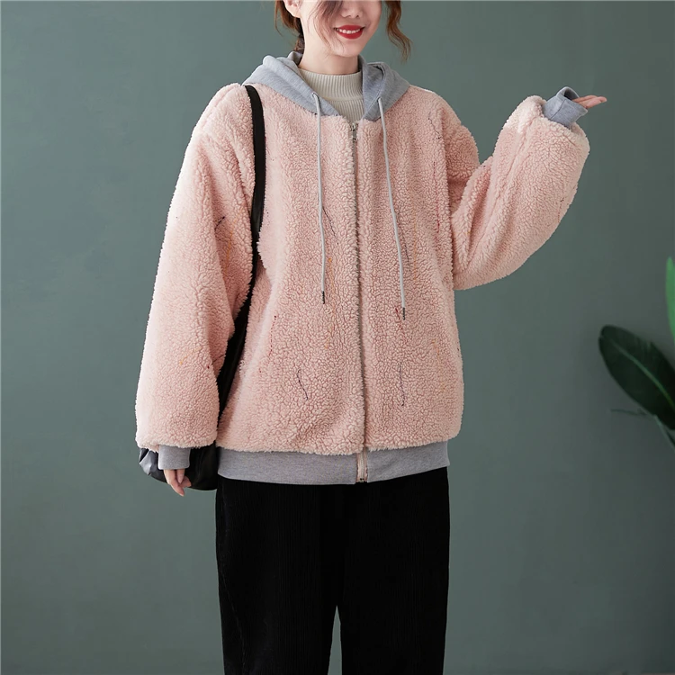 Thickened Lambhair Hooded Jacket for Women 2024 Winter Korean Edition Cotton Padded Clip Loose Versatile Hoodie Baseball Jacket