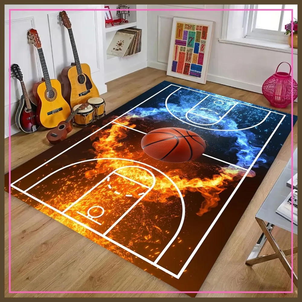 

5'x7' Non Slip Basketball Court Rug, Fire Printed Sports Carpet for Living Room and Game Room