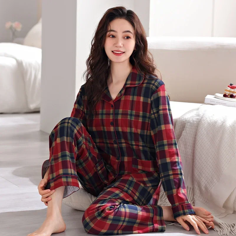 2024 Autumn Plus Size Long Sleeve Casual Plaid 100% Cotton Pajama Sets For Women Korean Loose Sleepwear Pyjamas Homewear Clothes