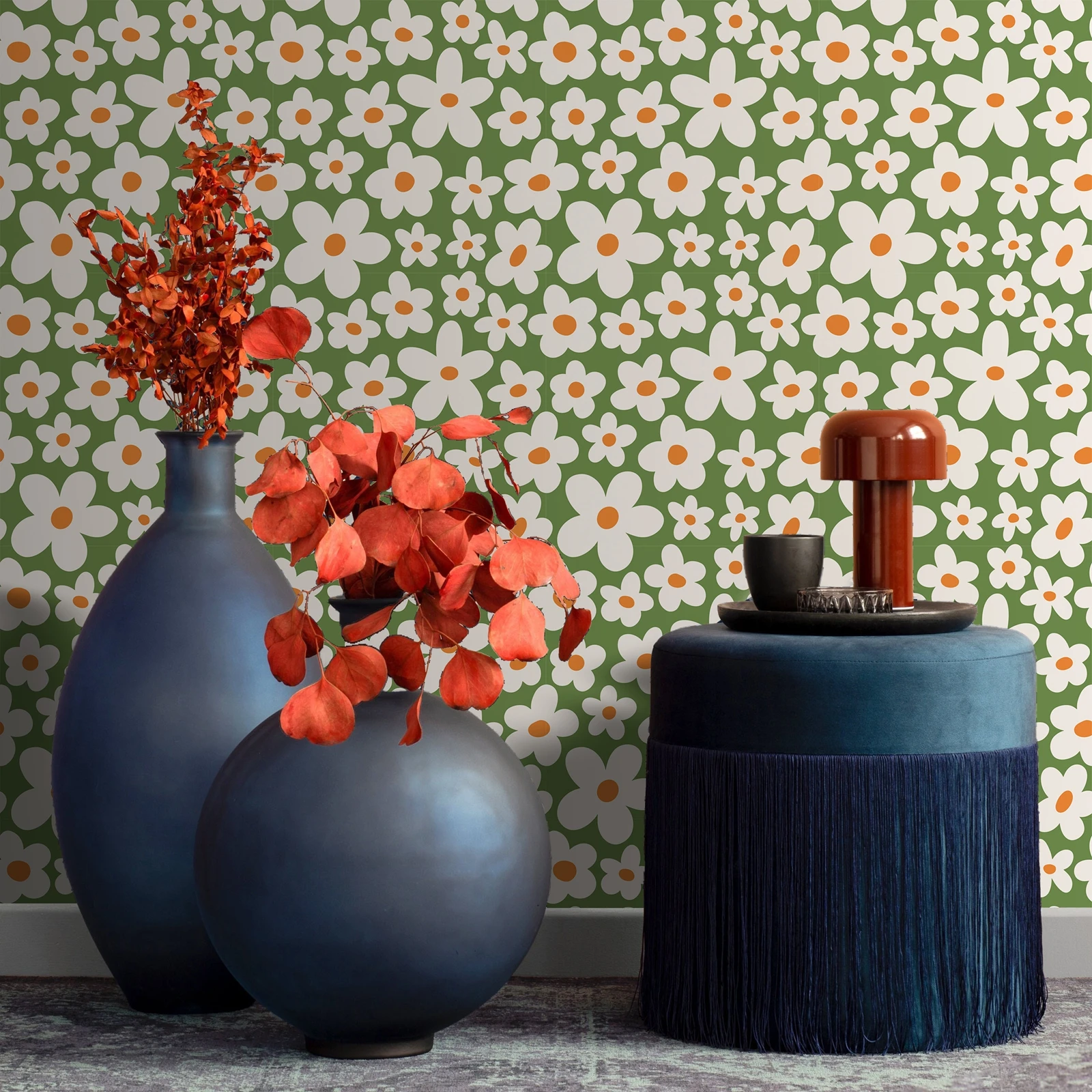 

Обои Groovy с цветочным узором, самоклеящиеся обои с яркими ромашками, наклейки на стену спальни в стиле ретро с зеленым фоном, нестандартный размер