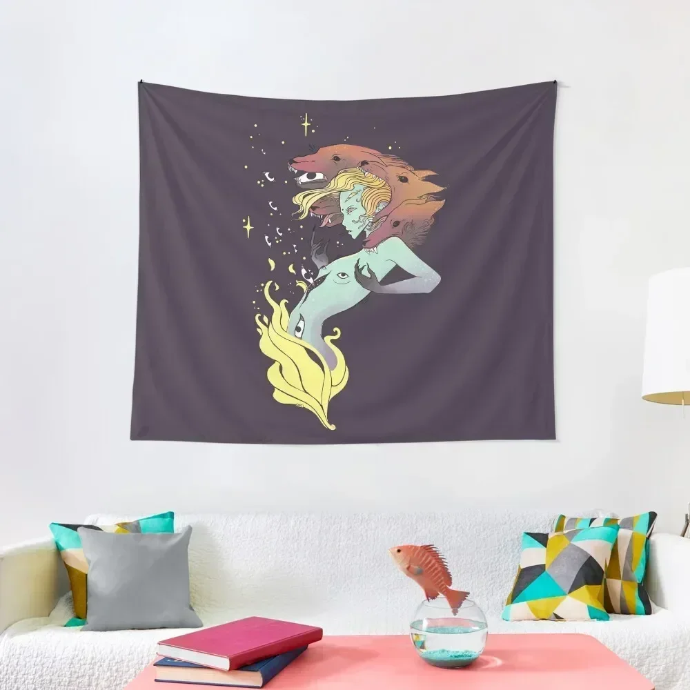 

Fire Witch With Wolf Heads And Stars Tapestry Wall Tapestries Room Decoration Accessories Aesthetic Decoration Tapestry