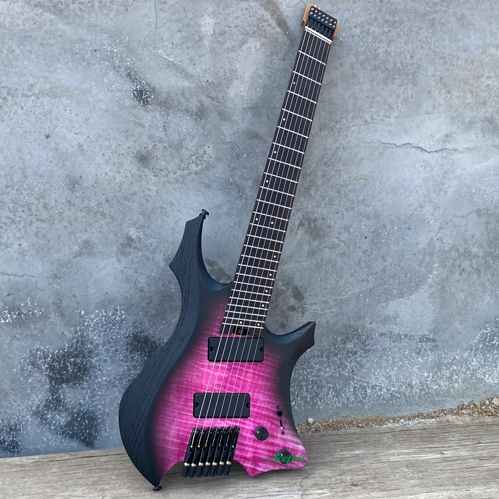 7 String Headless Electric Guitar, Purple Ash Body Flame Maple Top, 9 Piece Roasted Maple Neck, Fanned Frets, Active Pickups