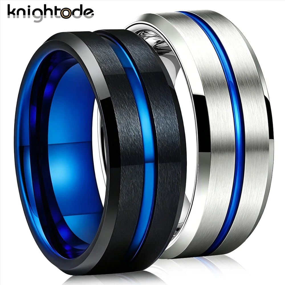 8mm Blue Wedding Ring Men Women Black Tungsten Carbide Engagement Rings Satin Center Grooved Beveled Comfort Fit