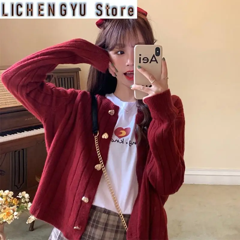 New Woman Sweaters Knitted Cardigan Winter Korean Fashion Cute Heart Buttons Long Sleeve Burgundy Red White Sweater Tops