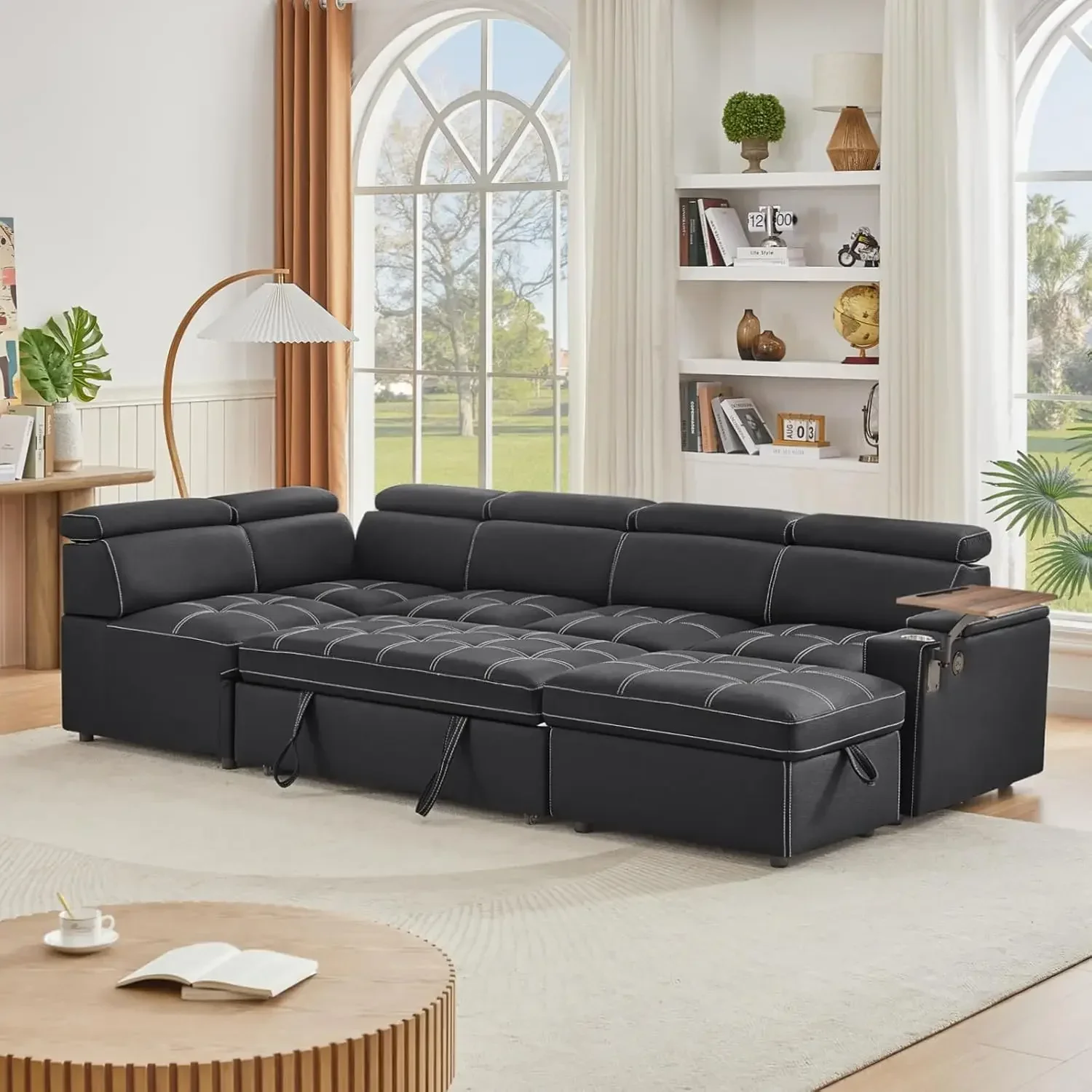 113 inch Ultra-fine Fiber Segmented Sleeper Sofa with Pull-Out Bed,  with Adjustable headrests and Degree Rotating Side Table