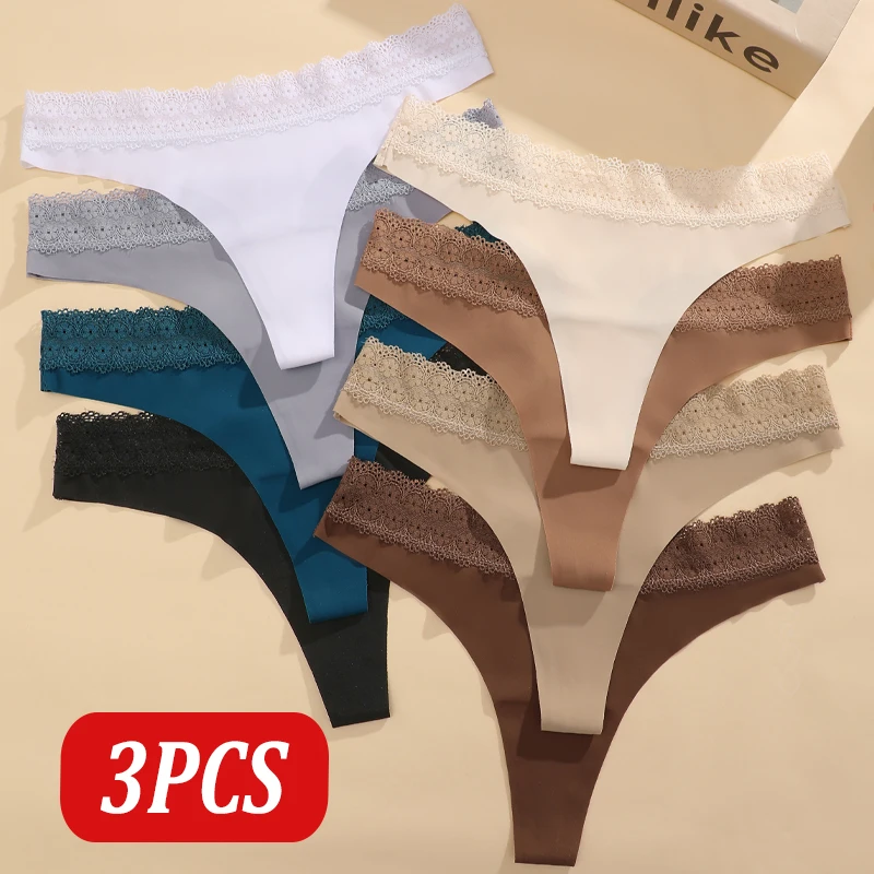 3Pcs/Set Women's Lace Trim Traceless Thongs Panties Female Elastic Breathable G-string Solid Color Underwear Sexy Lingerie XS-XL
