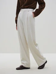 FSLE High Waist 2023 Winter New Casual Suit Wide Leg Trousers Thicken Beige Full Length Simple Pleated Design Office Lady Pants