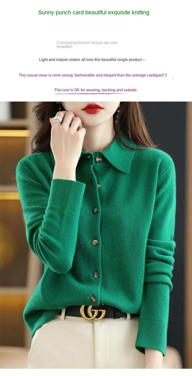 2024 Damen-Strickjacke mit POLO-Kragen, Basic, vielseitig, oben aus gesponnener Wolle, eleganter einreihiger Pullover DMR 430 – Detail 11