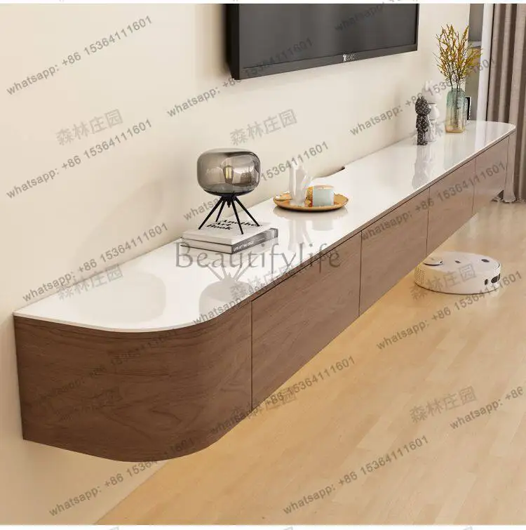 Solid wood hanging rock slab TV cabinet wall hanging living room suspended high-end new models
