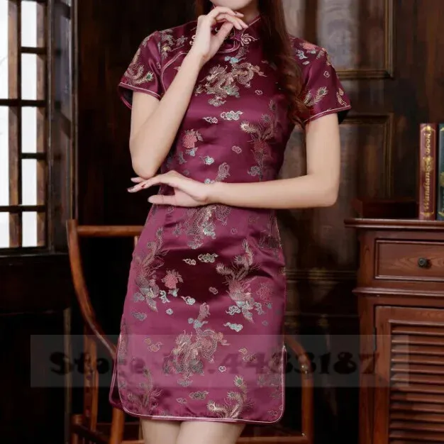 Elegant Traditional Clothing Y2K Qipao Jacquard Flower Classic Chinese Style Dress Female Qipao Sexy Short Sleeve Mini Cheongsam
