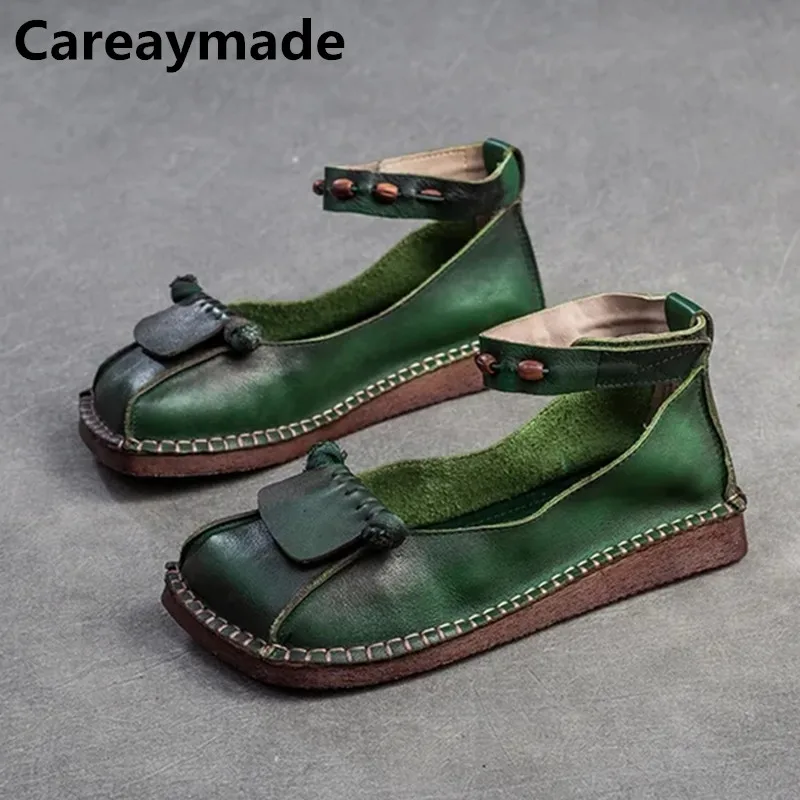 Careaymade-Genuine Leather Ethnic Natural  Loafer Summer Comfy Shallow Women Soft Flats Elastic Casual Square Toe Sewing Shoes