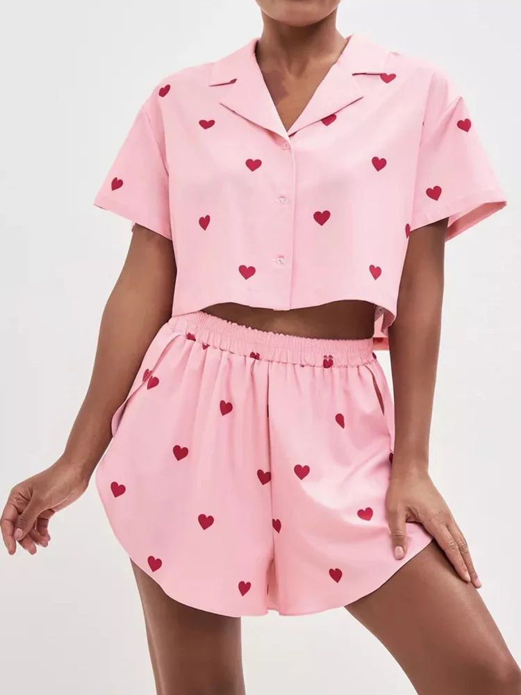 Hiloc Long Sleeve Print Sleepwear Women Pajama Lapel Crop Tops Love Pattern Lougerwear High Waist Slit Shorts Female Set 2024