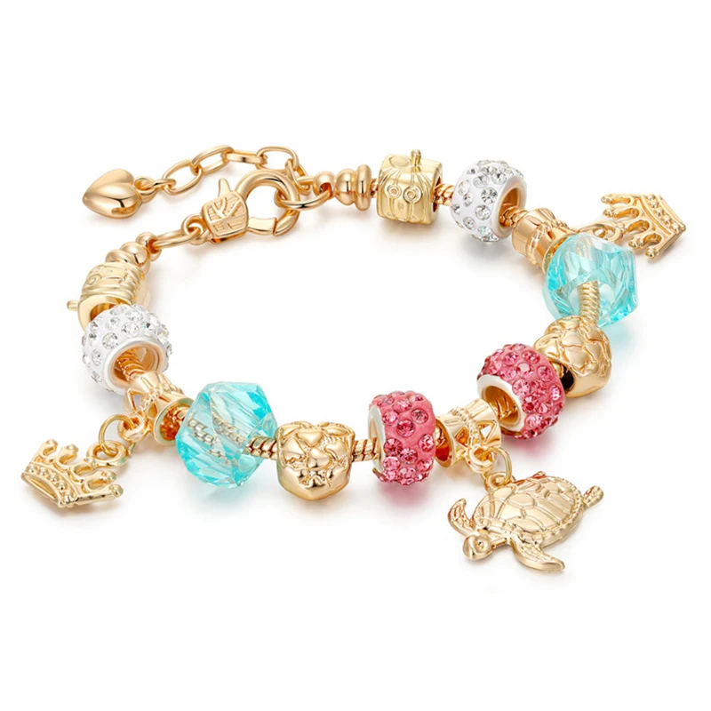 

New Vintage Jewelry Woman's Gold Extend Chain Crystal Beads Sea Turtle Charms Bracelets RJ227
