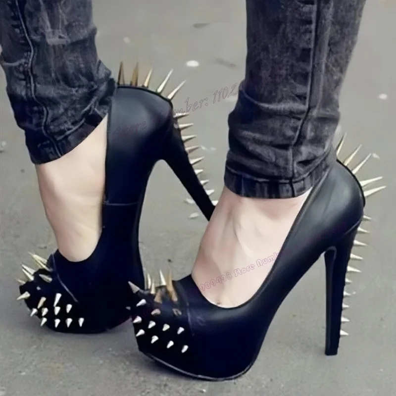 

Black Rivet Decor Platform Punk Pumps Round Toe Shoes for Women Spike High Heels Runway Gothic Shoes 2023 Zapatos Para Mujere