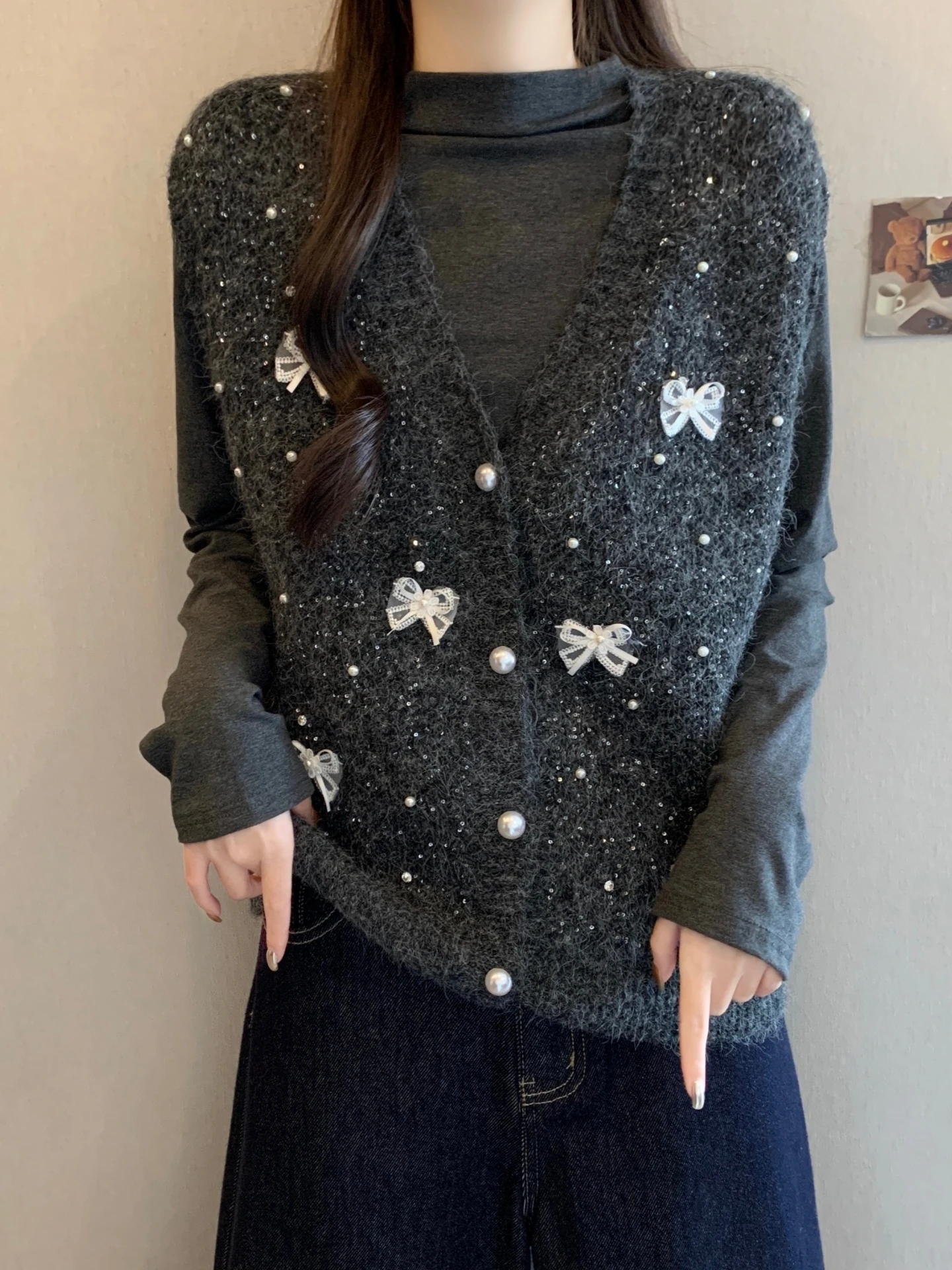  Style Knitted Set Women's Spring Autumn plus Size Slimming Beaded Layered Base Layer Top Bottom Two-Piece Suit