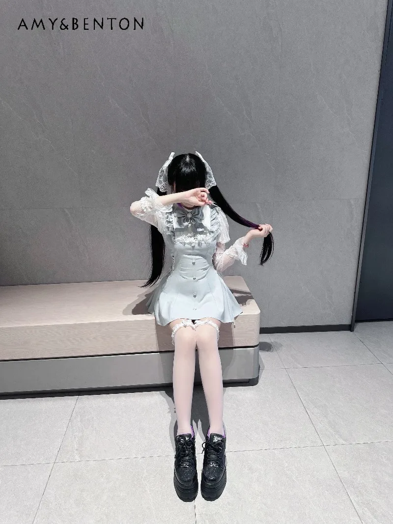 Japanische, in Massenproduzierte Damen-Sets im Lolita-Stil, süße Perlen, Strass, Schleife, Spitze, lange Ärmel, schlankes Minikleid, Shorts, zweiteiliges Set