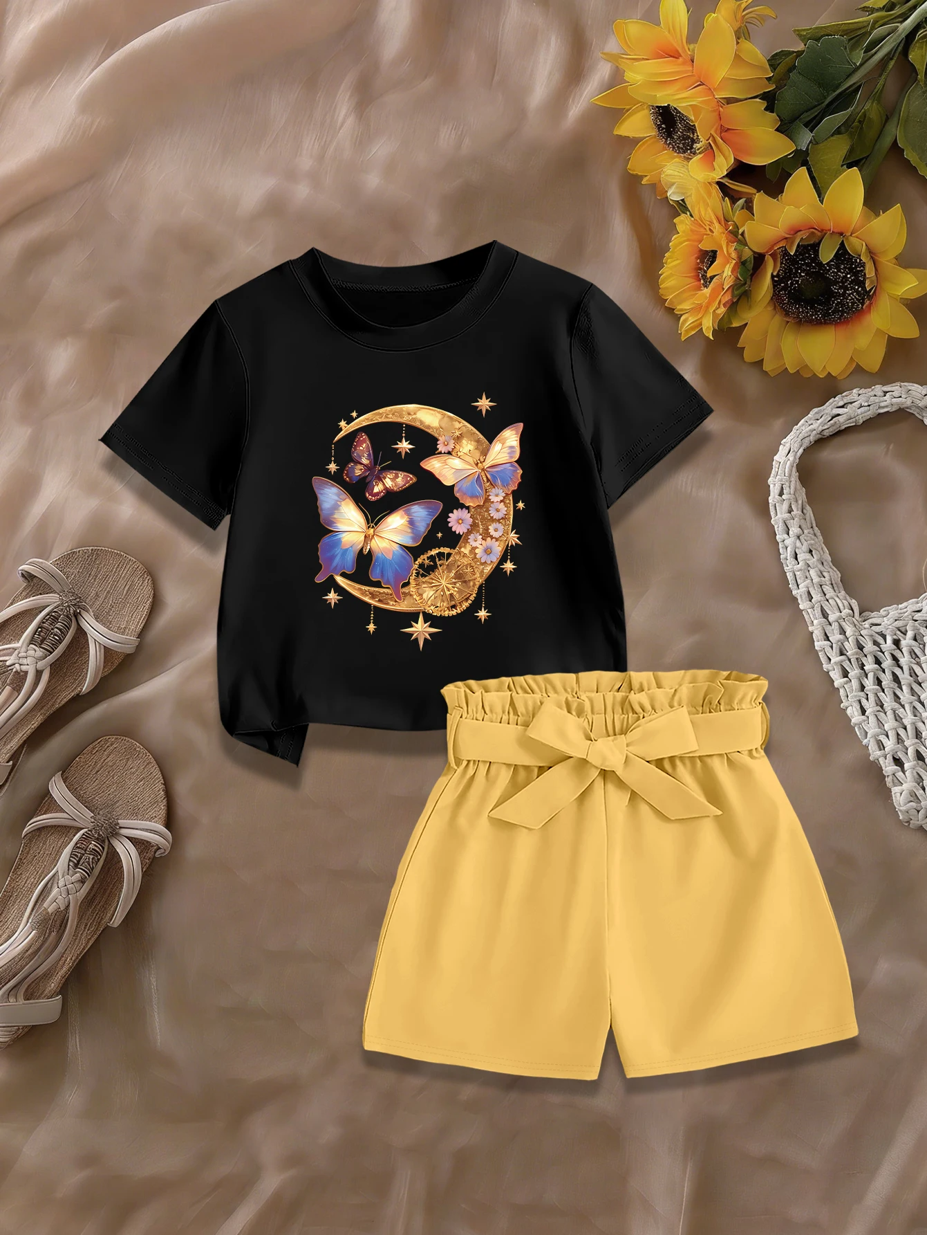 

2 pieces: Girls Summer Cute T-shirt Shorts Set Cartoon Blue Butterfly Moon Bow Woven