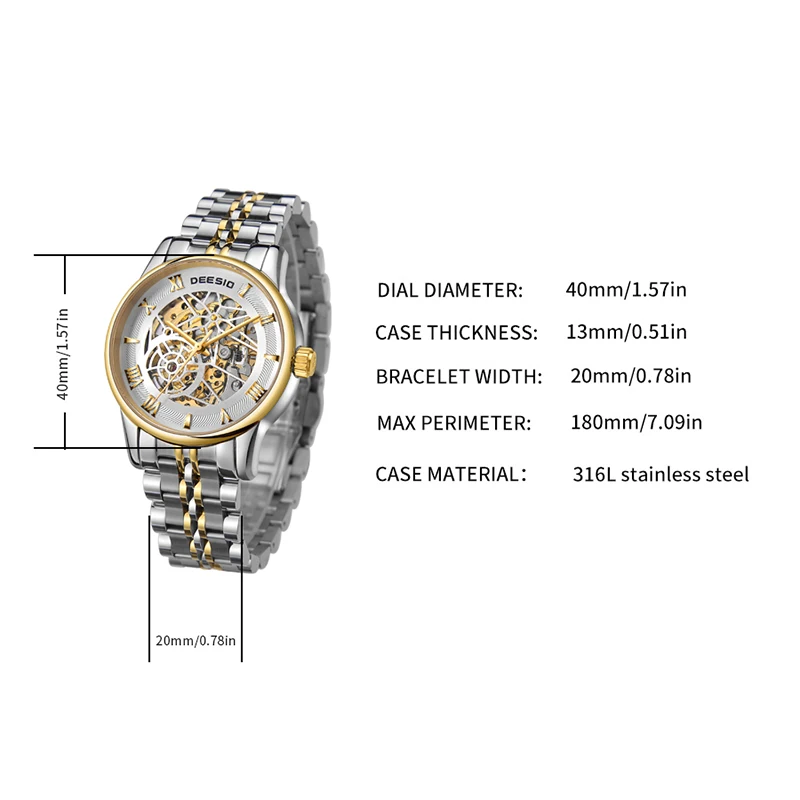 Deesio Mens Automatic Movement Skeleton Watch Luxury Business Stainless Steel Mechanical Wristwatch Water Resistant Watch Y2k