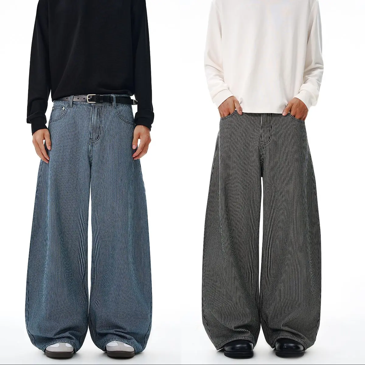 جينز مخطط جامعي أمريكي عتيق لخريف وشتاء 2025 للمراهقين، سكين منحني فضفاض للأزواج، سروال واسع الساق متعدد الاستخدامات #1