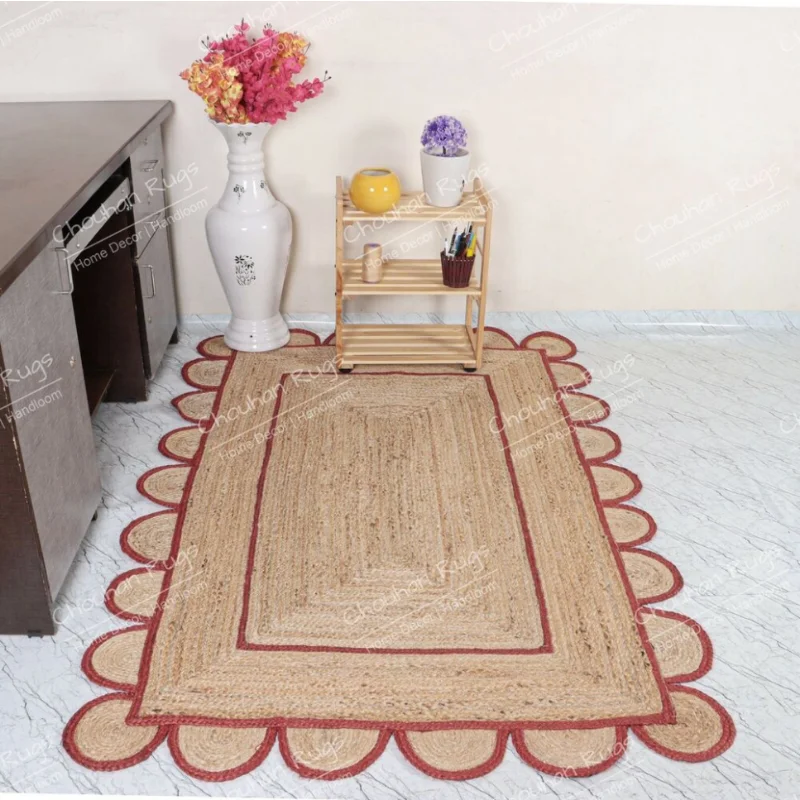 

Indian Handmade Natural Jute Rugs Red Scalloped Braided Runner Carpet Home Decor Rugs for Bedroom