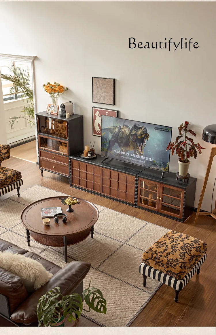 Qiqiao cabinet antique TV cabinet living room new solid wood French retro display cabinet bone line module