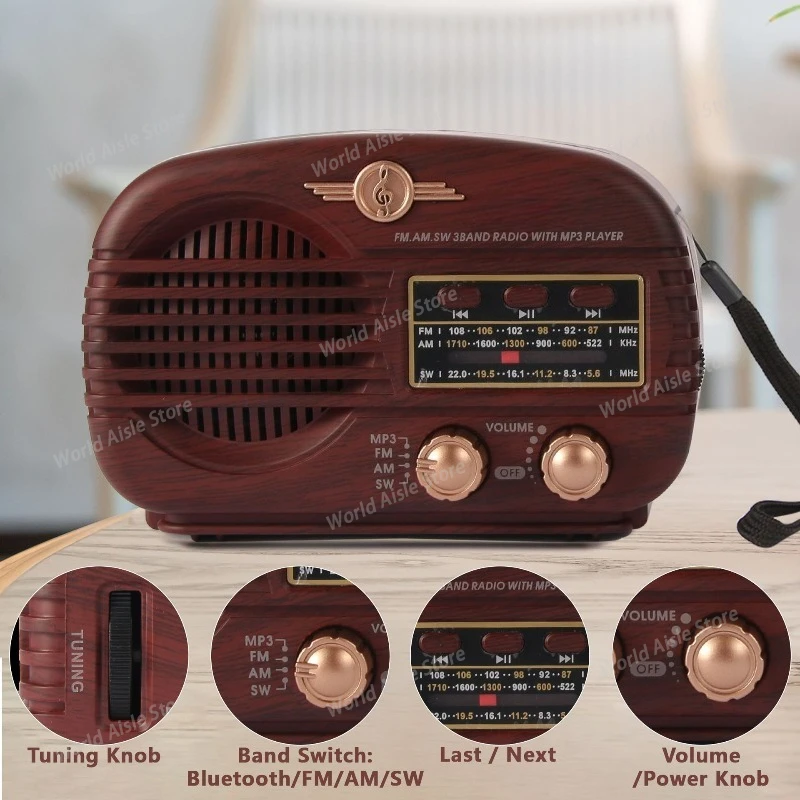 

Ретро Bluetooth-радио, портативное радио AM FM-транзистор с батарейным питанием, USB-музыкальный плеер, темно-коричневый