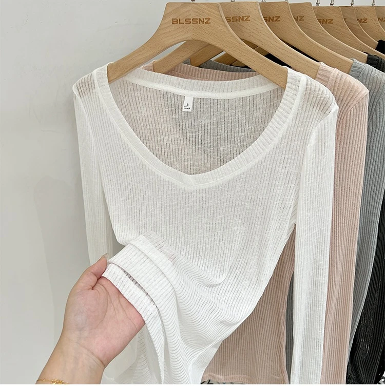 2026 Sommer Neuer Lässiger Stil Transparentes Dünnes Durchsichtiges Überzug-Top Damen T-Shirt V-Ausschnitt Sonnenschutz Langarm T-Shirt – Detail 4