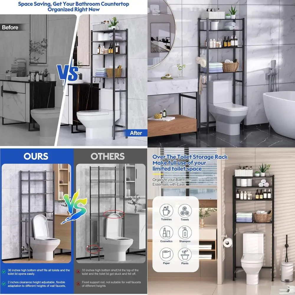 

4-Tier Toilet Storage Shelf, Adjustable Height Bathroom Organizer Cabinet, Space-Saving Black Rack Above Toilet