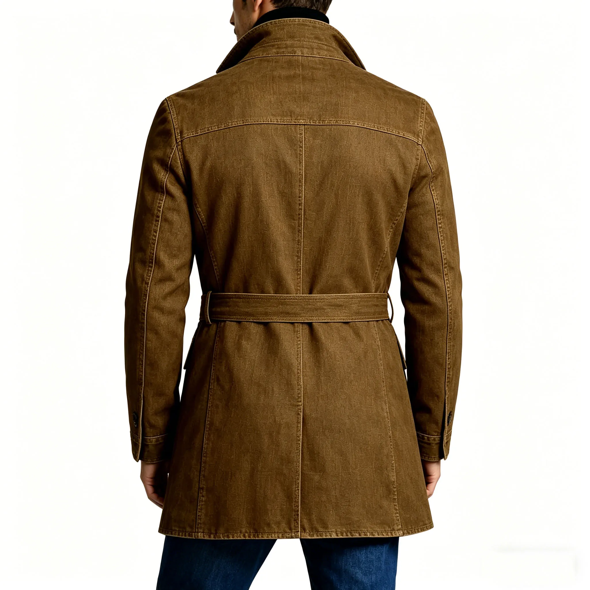 Men's Brown Denim Trench Coat Retro Slim Fit With Waist Belt Notched Lapel Flap Pocket Casual Washed Jean Jacket For Streetwear image 6