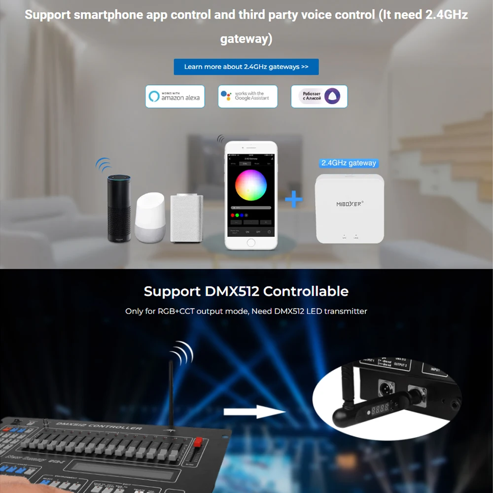 Miboxer LS2 Controller per strisce LED intelligenti 5 IN 1 Telecomando 2,4 Hz e controllo smartphone Compota strisce LED CCT, RGB, RGBW, RGB+CCT