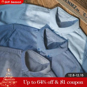 Maden Vintage Brushed Long-sleeve Shirts for Men Light Blue Cotton Turn-down Collar Oxford Shirt Male Casual Outerwear Shirts