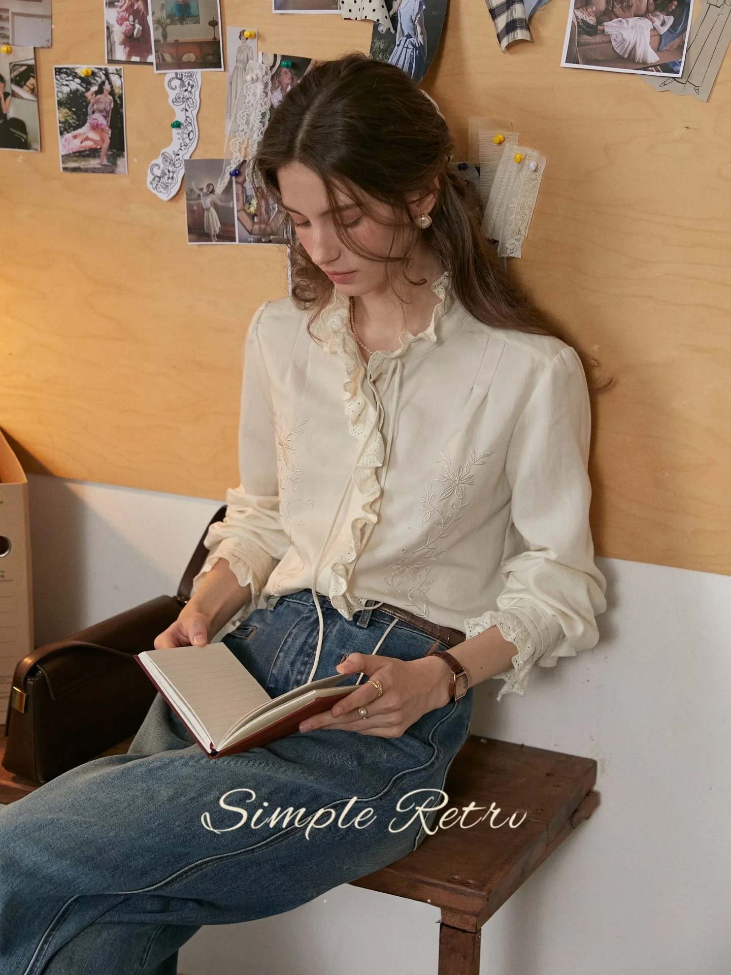 

Женская блузка SimpleRetro с длинным рукавом, шелк/хлопок, кружевная отделка, приталенный крой, весенняя мода, французский стиль, цветочная вышивка