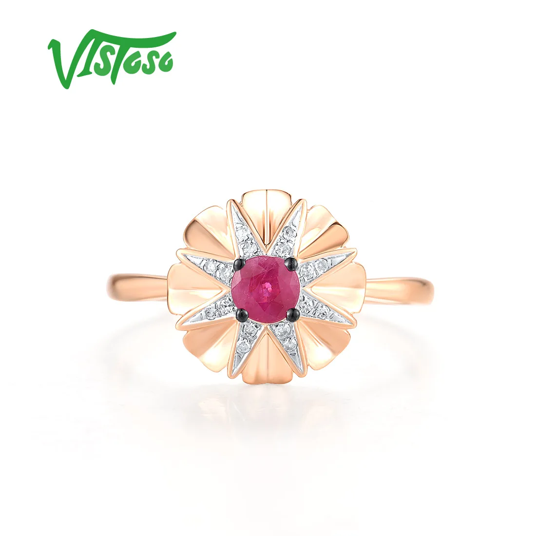 VISTOSO Authentic 14K 585 Rose Gold Ring For Women Sparkling Diamond Ruby Delicate Wedding Engagement Cute Fine Jewelry