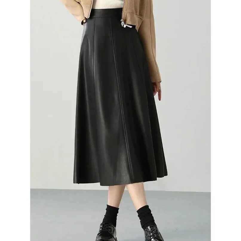 

Women's PU Leather Skirt Spring Autumn New Style Long Umbrella Skirts Fashion High Waist A-line Pleated PU Leather Skirts