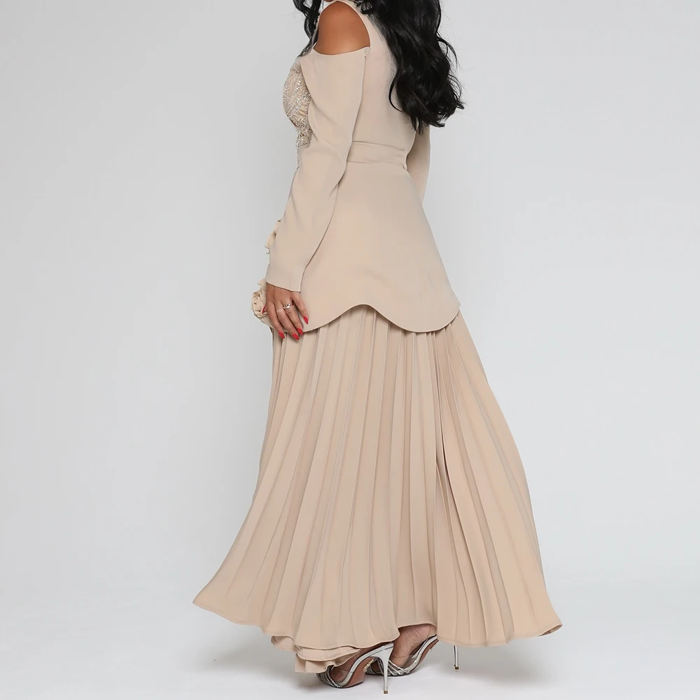 Customized A-line Evening Dresses Ankle-length V-neck Full Sleeve Prom Gown Fashion Flowers Sequined Simple Draped Party Gown 3