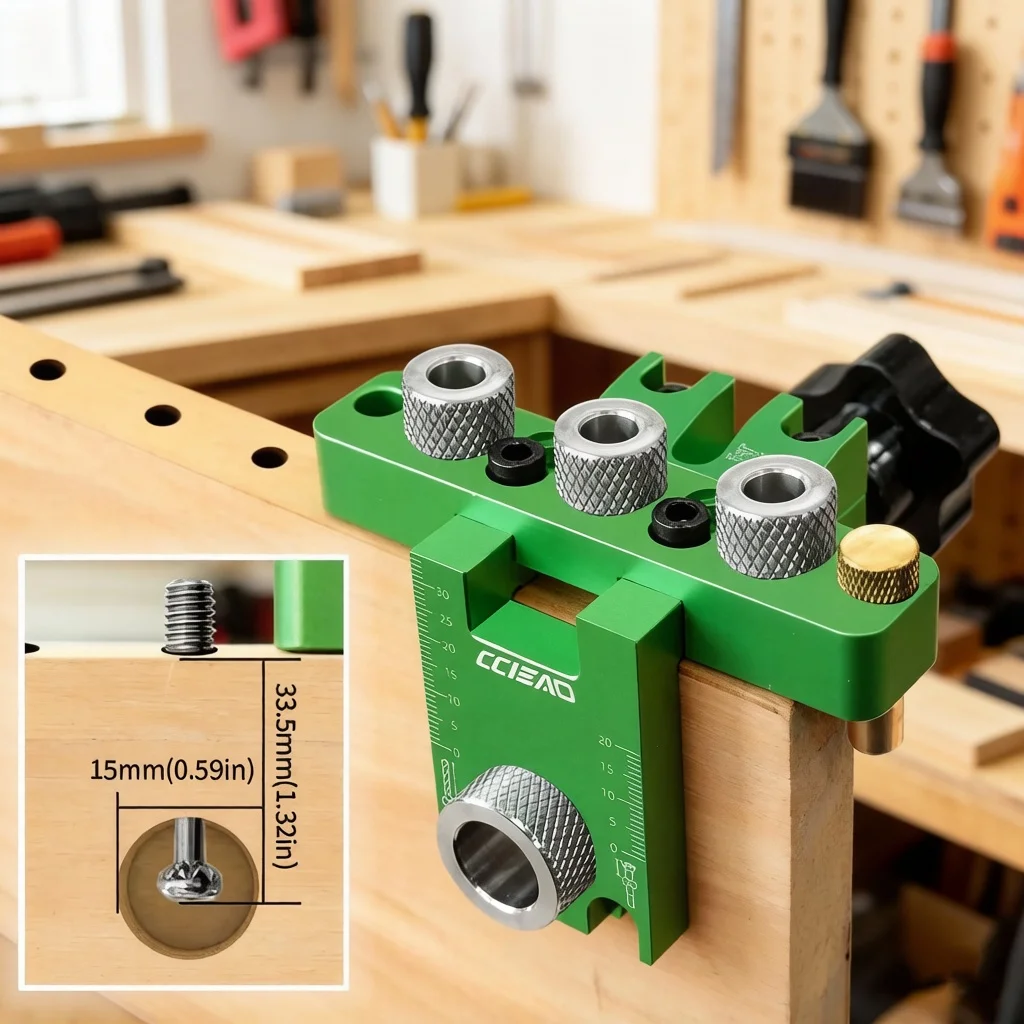 

Self Centering Doweling Jig Kit - 3-in-1 Universal Tool with Adjustable Width for Perfect Wood Joints