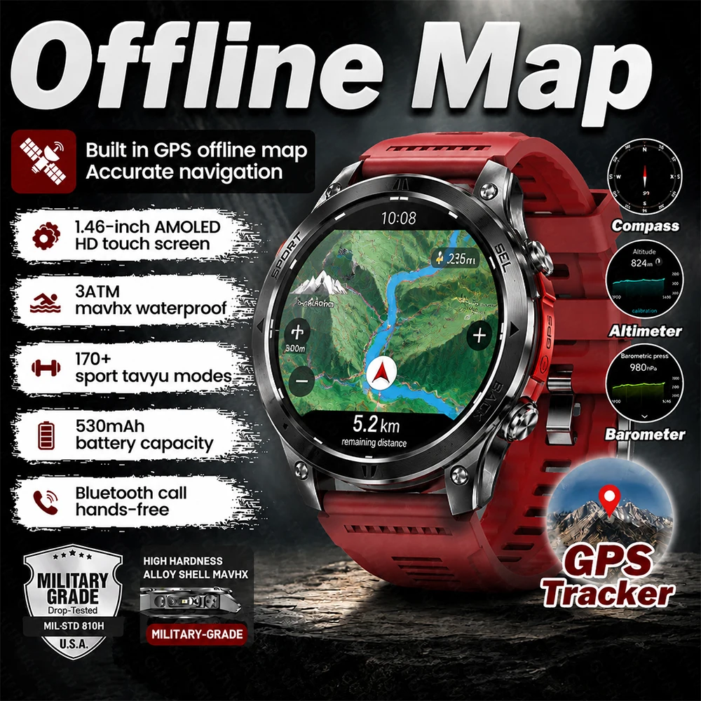 LIGE Neue Outdoor GPS Offline-Karten Smartwatch für Herren 3ATM Wasserdicht 170+ Sportarten Kompass Höhenmesser AMOLED Bluetooth-Anruf Smartwatch