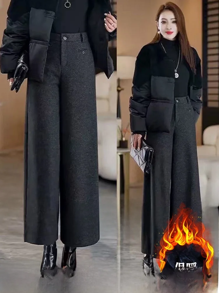 

Женские модные шерстяные брюки с высокой талией, прямые, широкие, на флисовой подкладке, укороченные (7/8), без бирки, для повседневной носки, в стиле кэжуал