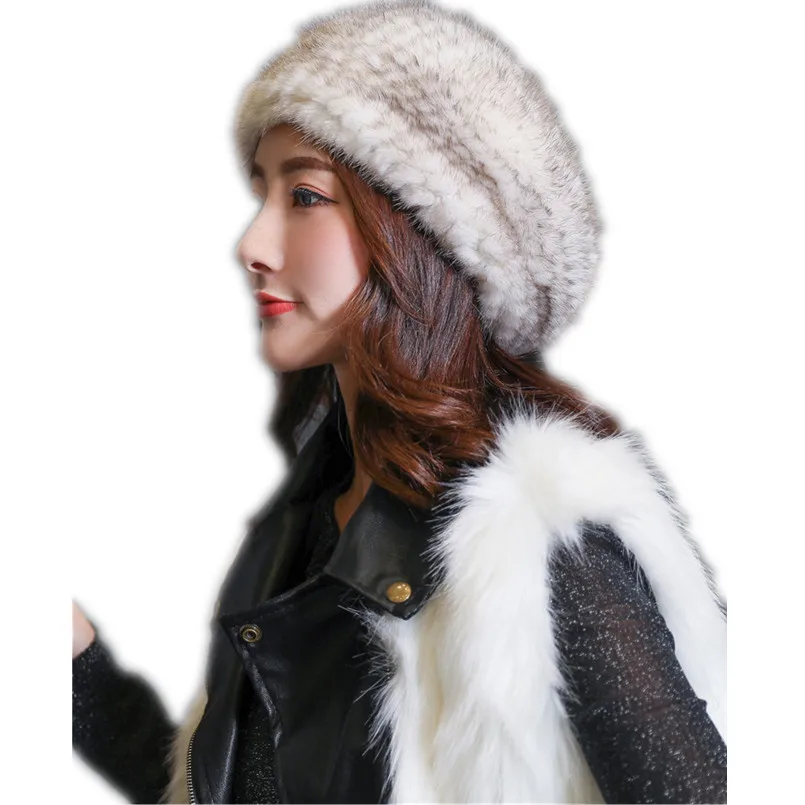 

Women Winter Berets Knitted Natural MInk Fur Hat Fluffy Warm Female New Headwear Gift