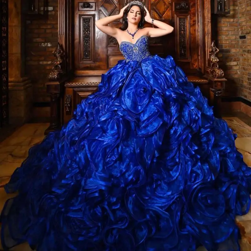 

Customized Royal Blue Ruffles Quinceanera Dress Ball Gown Beaded Tiered Dresses Crystal Sweet 16 Vestido De 15 Anos