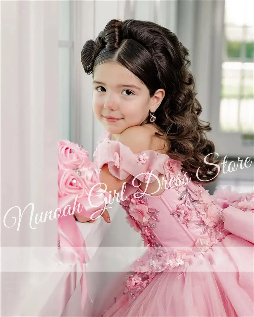 Pink Lace Appliques Flower Girl Dresses Pageant Gown for Wedding With Train Birthday Party First Communion Gowns Customized